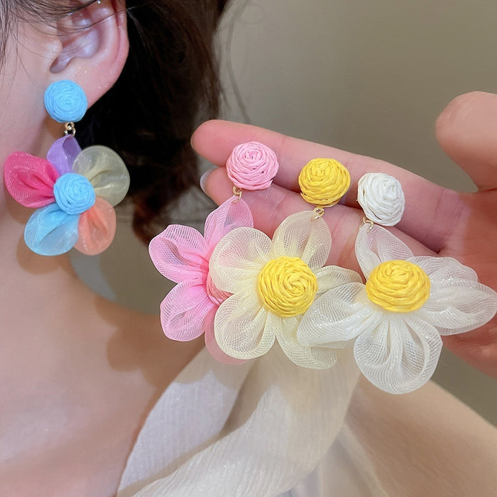 Silver Needle Raffia Chiffon Flower Stud Earrings, Vacation Style Fabric Floral Ear Jewelry
