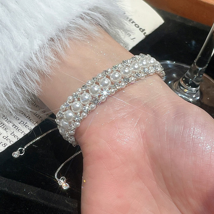 Light Luxury Korean Geometric Rhinestone Beaded Faux Pearl Bangle Bracelet