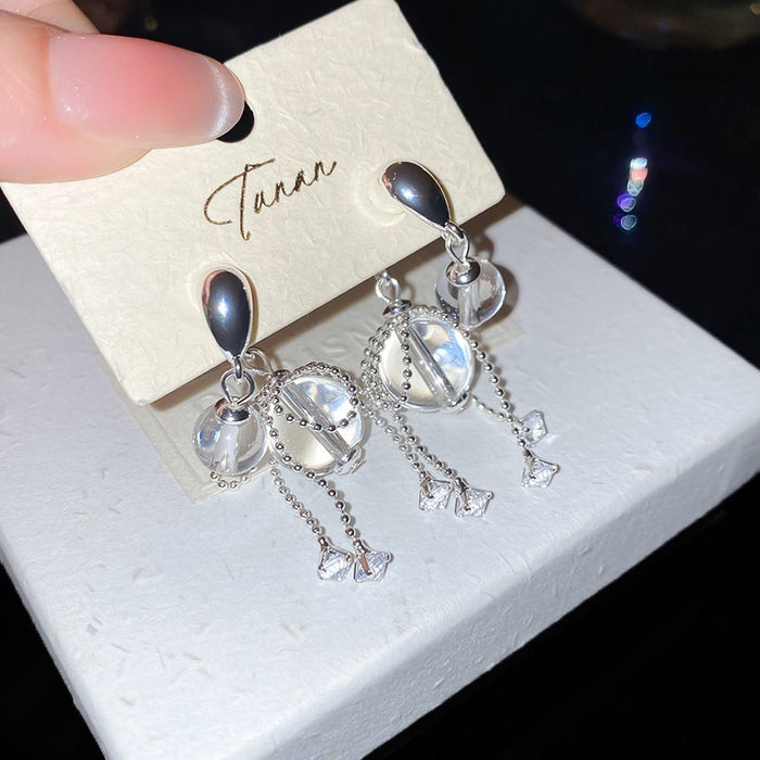 Zircon Crystal Round Tassel Drop Earrings With Silver Pins, Minimalist OL Geometric Stud Style