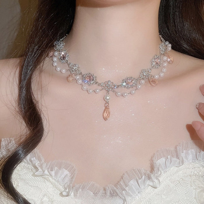 Palace Style Rhinestone Round Teardrop Faux Pearl Necklace Vintage Elegant Choker for Women