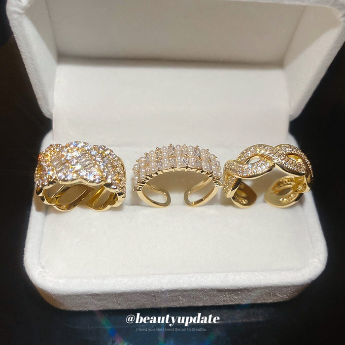 French Vintage Copper Open Ring With Round Pearl And Zircon Geometric Light Luxury Design