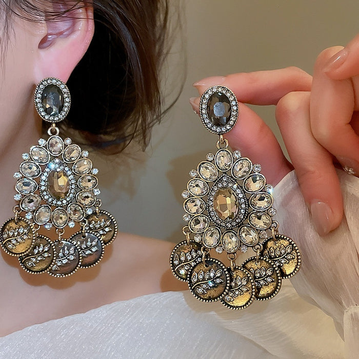 Vintage Court Style Alloy Geometric Rhinestone Waterdrop Tassel Drop Earrings