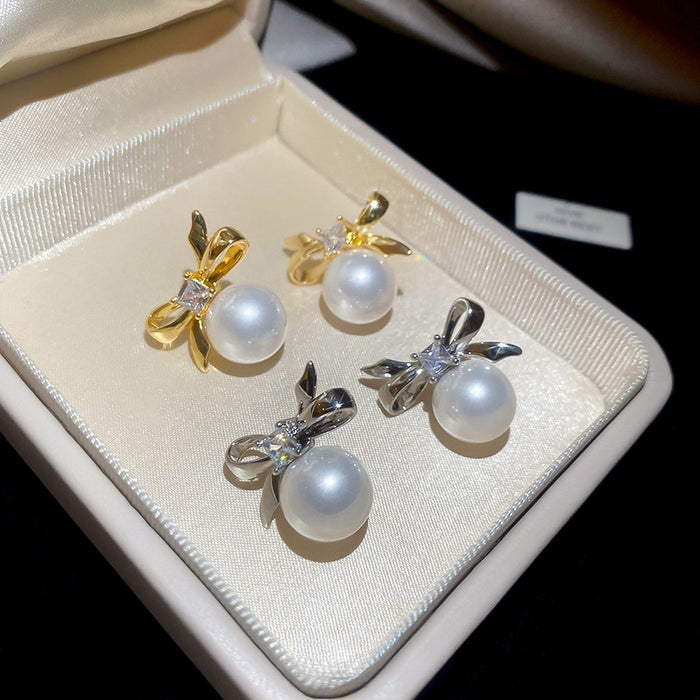 French Light Luxury Bow Faux Pearl Zircon Geometric Stud Earrings for Women