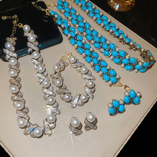 Vintage Faux Pearl Rhinestone Oval Necklace Bracelet Earrings Jewelry Set For Women