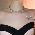 Vintage Faux Pearl Rhinestone Oval Necklace Bracelet Earrings Jewelry Set For Women view 4