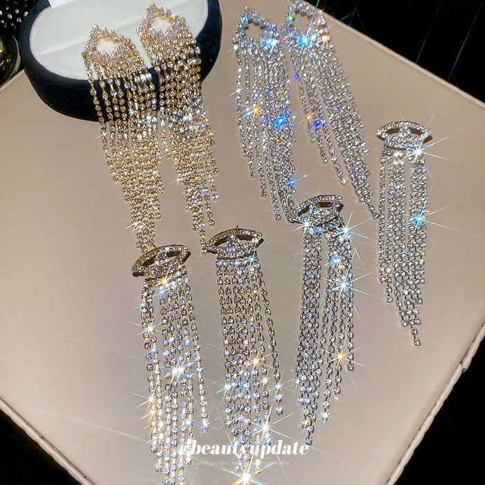 Copper Zircon Inlaid Geometric Rhombus Long Tassel Drop Earrings For Women