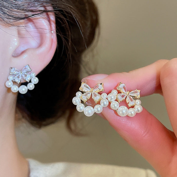 Light Luxury Bowknot Faux Pearl Zircon Stud Earrings With Silver Pins For Elegant Daily Wear