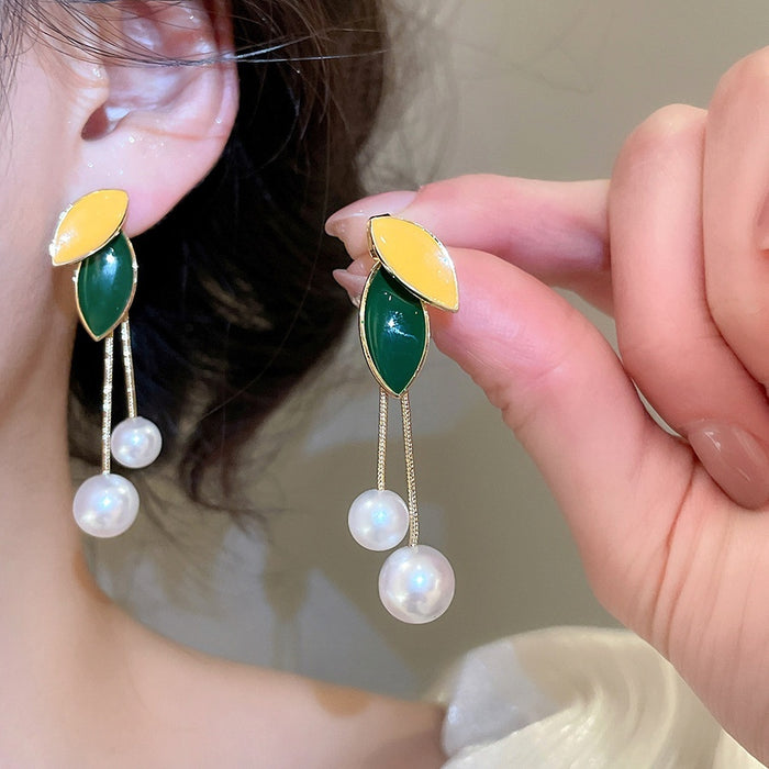 Faux Pearl Leaf Tassel Drop Earrings, Vintage Floral Niche Style Light Luxury Women's Jewelry