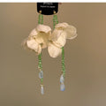 Fabric Flower Crystal Beaded Tassel Drop Earrings With Silver Needle, Elegant Niche Style view 4