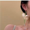 Fabric Flower Crystal Beaded Tassel Drop Earrings With Silver Needle, Elegant Niche Style view 3