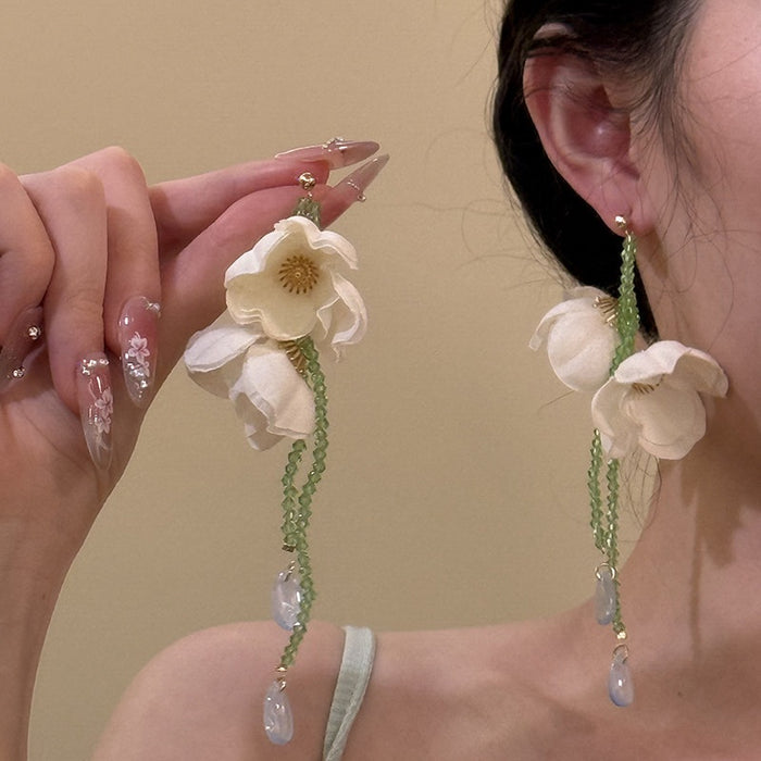Fabric Flower Crystal Beaded Tassel Drop Earrings With Silver Needle, Elegant Niche Style