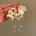 Fabric Flower Crystal Beaded Tassel Drop Earrings With Silver Needle, Elegant Niche Style view 2