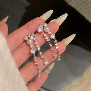 French Elegant Geometric Faux Pearl Zircon Tassel Drop Earrings With Silver Posts