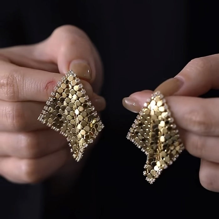 Gold Plated Copper Zircon Rhombus Stud Earrings With Silver Pins French Vintage Style