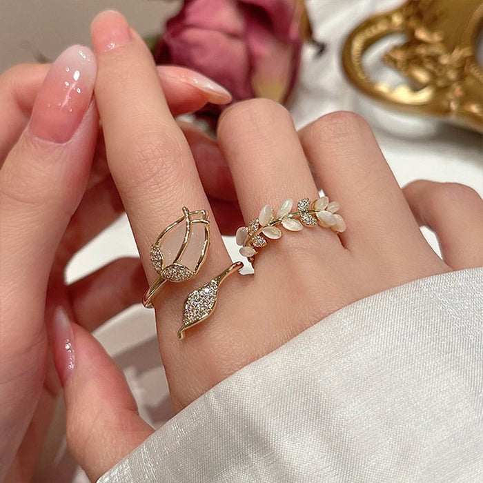 Zircon Twisted Bud Open Ring For Women