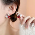 Elegant French Vintage Red Square Crystal Pearl Rhinestone Flower Alloy Silver Needle Stud Earrings view 1