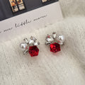 Elegant French Vintage Red Square Crystal Pearl Rhinestone Flower Alloy Silver Needle Stud Earrings view 3