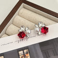 Elegant French Vintage Red Square Crystal Pearl Rhinestone Flower Alloy Silver Needle Stud Earrings view 4