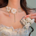 Sweet Fabric Flower Crystal Beaded Tassel Necklace And Earrings Jewelry Set For Women view 1