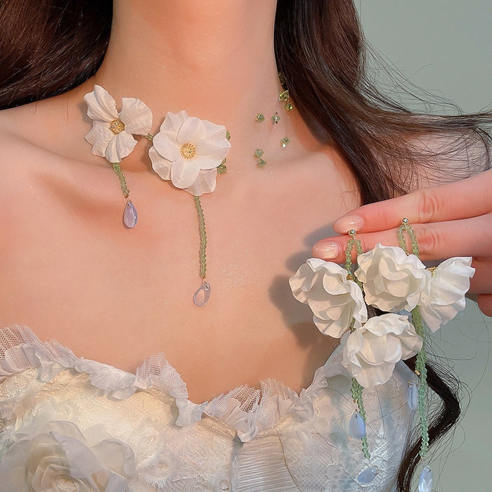 Sweet Fabric Flower Crystal Beaded Tassel Necklace And Earrings Jewelry Set For Women