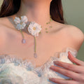 Sweet Fabric Flower Crystal Beaded Tassel Necklace And Earrings Jewelry Set For Women view 3