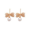 Gold Plated Silver Needle Zircon Bow Faux Pearl Stud Earrings French Elegant Light Luxury Jewelry view 5