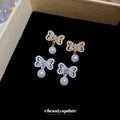 Gold Plated Silver Needle Zircon Bow Faux Pearl Stud Earrings French Elegant Light Luxury Jewelry view 4