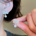 Gold Plated Silver Needle Zircon Bow Faux Pearl Stud Earrings French Elegant Light Luxury Jewelry view 3