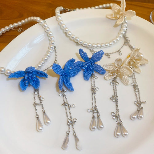 Flower Faux Pearl Beaded Necklace And Earrings Jewelry Set For Women Resort Elegant Light Luxury