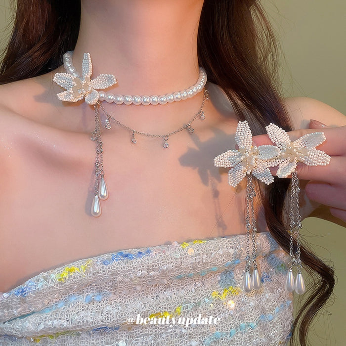 Flower Faux Pearl Beaded Necklace And Earrings Jewelry Set For Women Resort Elegant Light Luxury