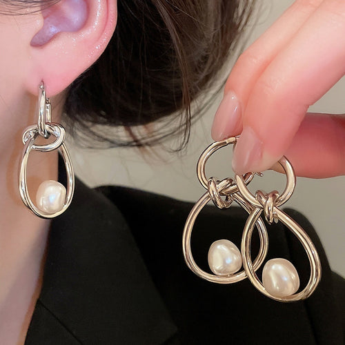 Irregular Knotted Faux Pearl Ear Cuff Earrings, Geometric Minimalist Light Luxury Designer Style