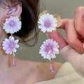 Fabric Flower Crystal Tassel Drop Earrings Elegant Sweet Vacation Style Statement Jewelry view 3