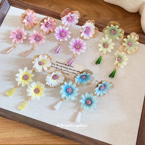 Fabric Flower Crystal Tassel Drop Earrings Elegant Sweet Vacation Style Statement Jewelry