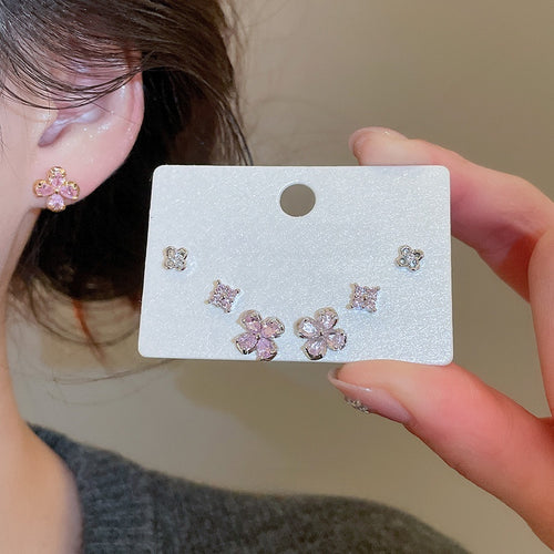 Gold Plated Copper Zircon Flower Stud Earrings Jewelry Set With Silver Posts For Women