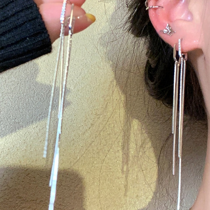 Light Luxury Copper Zircon Geometric Double Layer Tassel Drop Earrings
