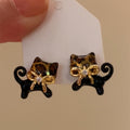 Cute Resin Cat Stud Earrings With Bow Silver Needle Cartoon Retro Maillard Style Jewelry view 4