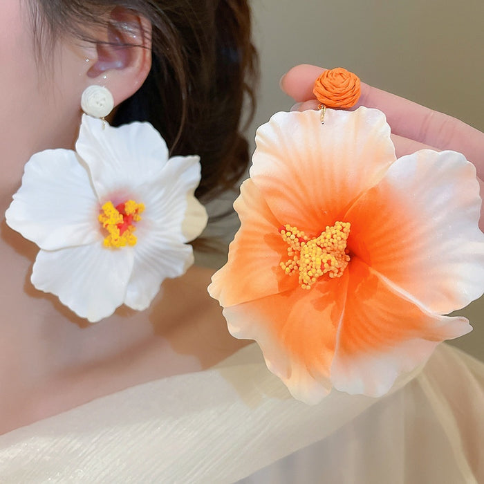 Sterling Silver Needle Raffia Fabric Flower Drop Earrings Sweet Elegant Vacation Style