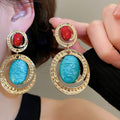 Vintage Ethnic Resin Oval Pendant Drop Earrings With Silver Pins For Women view 1