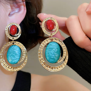 Vintage Ethnic Resin Oval Pendant Drop Earrings With Silver Pins For Women