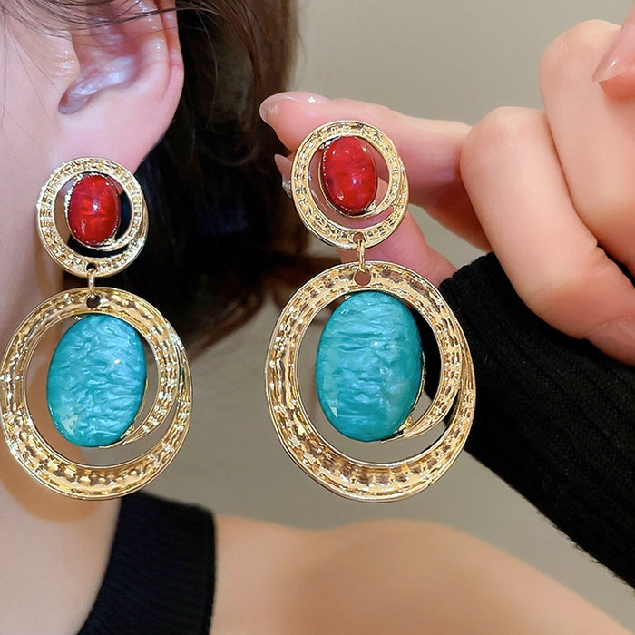 Vintage Ethnic Resin Oval Pendant Drop Earrings With Silver Pins For Women