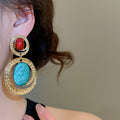 Vintage Ethnic Resin Oval Pendant Drop Earrings With Silver Pins For Women view 3