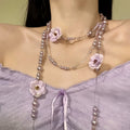 Light Luxury Floral Fabric Flower Faux Pearl Layered Sweater Necklace view 3