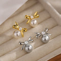 Elegant Bow Stud Earrings With Faux Pearls, Round Zircon Accents And Silver Pins For Women view 1