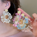 Raffia Flower Stud Earrings With Silver Pins, Sweet Vacation Style Lightweight Designer Jewelry view 2