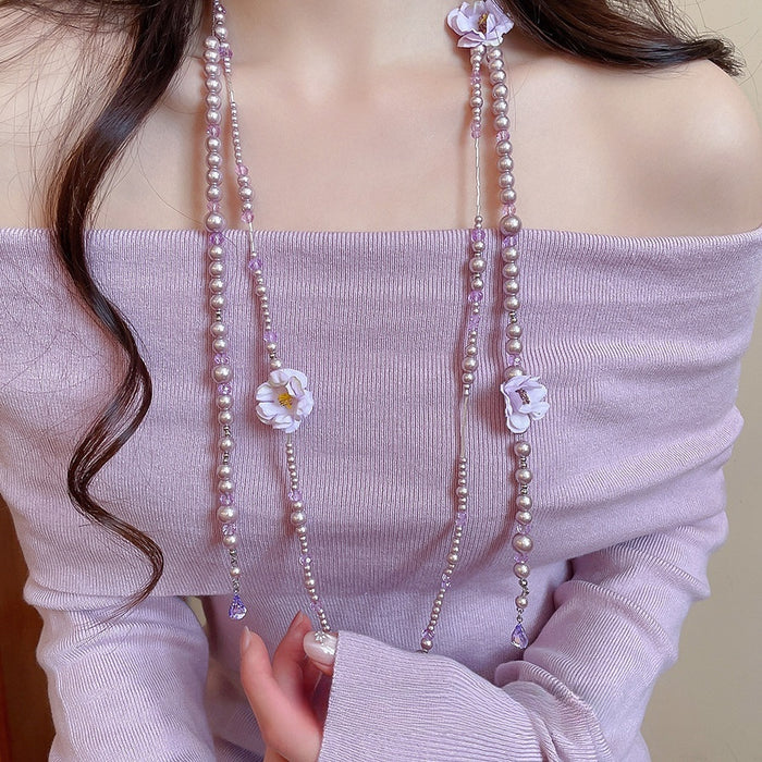French Fabric Flower Faux Pearl Sweater Necklace Light Luxury Elegant Floral Choker