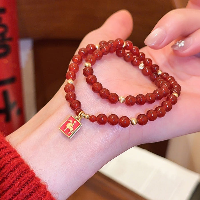 Red Cinnabar Beaded Bracelet New Chinese Retro Round Geometric Light Luxury Fashion Jewelry