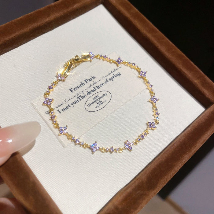 Korean Light Luxury Copper Zircon Flower Bangle, Elegant Minimalist Floral Bracelet