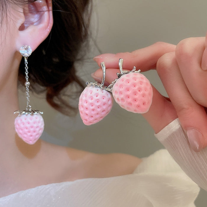 Flocked Resin Strawberry Earrings And Hair Tie Jewelry Set For Women Elegant Light Luxury OL Style