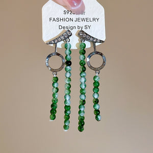 New Chinese Style Resin Round Beaded Tassel Drop Earrings With Silver Needle Geometric Retro Design