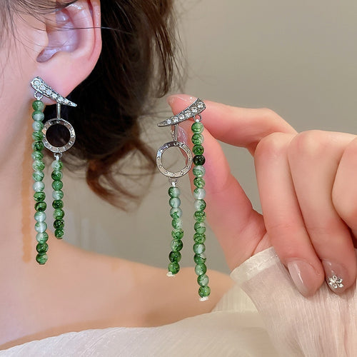 New Chinese Style Resin Round Beaded Tassel Drop Earrings With Silver Needle Geometric Retro Design